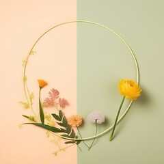 Flower wreath on pastel background. Flat lay, top view