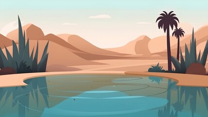 Fototapeta na wymiar Illustration of a beautiful desert landscape with a lake and palm trees