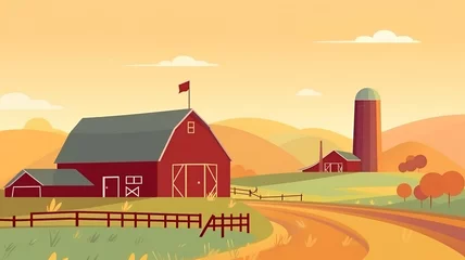 Gordijnen Farm landscape with red barn and farm house, vector cartoon illustration. © Ai