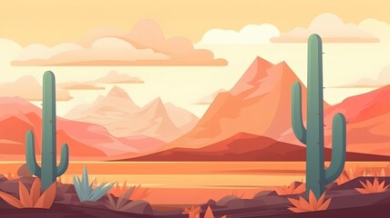 Cartoon desert landscape with cactuses and mountains. Vector illustration
