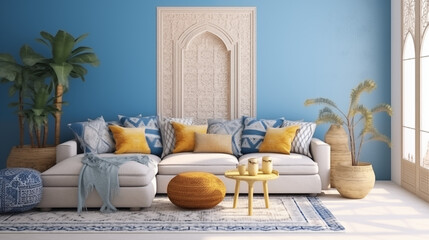 Ramka na obraz lub zdjęcie na ścianie - mockup. Wystrój wnętrza salonu marokańskiego w orientalne wzory - dekoracja	