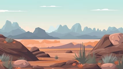 Cercles muraux Couleur saumon Desert landscape with rocks, bushes and mountains. Vector cartoon illustration