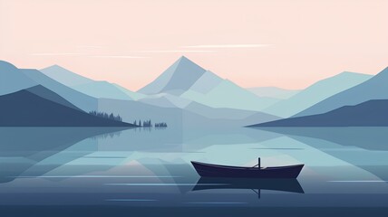 Mountain landscape with a boat on the lake. Vector illustration.