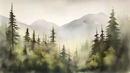 Photo sur Plexiglas Kaki Watercolor landscape with coniferous forest, mountains and fog.