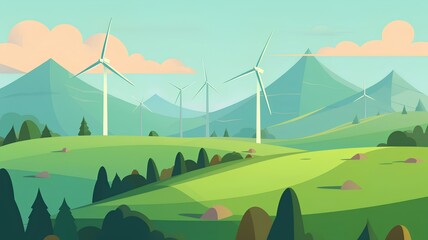 Wind turbines on green meadow. Alternative energy source. Vector illustration