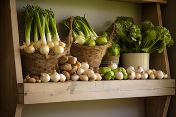 Photo of a rustic kitchen shelf adorned with woven baskets overflowing with Sweet Garleek bulbs, a wonderful combination of garlic and leek, adding a touch of farmhouse charm to the space - obrazy, fototapety, plakaty
