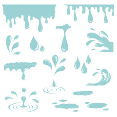 Water set editable light blue color.Drops, tears, nature splash elements. Raindrop or sweat, wet droplets of dew shapes isolated. Aqua vector icons isolated.