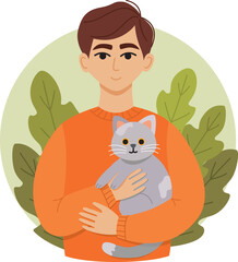 Vector illustration of a boy with cat in his hands. Concept in flat style	