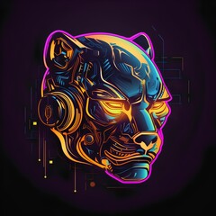 Vector illustration of the head of a tiger in a neon style.