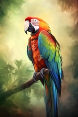 Colorful macaw parrot sitting on a branch. Illustration