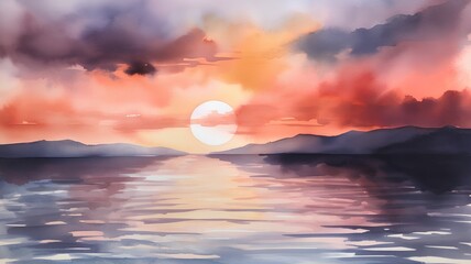 Fototapeta na wymiar Sunset over the lake. Hand-drawn watercolor illustration.