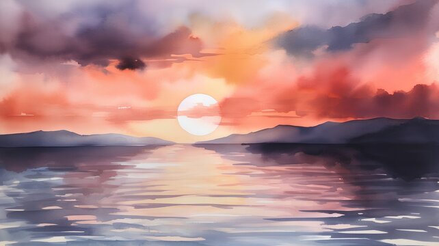 Sunset over the lake. Hand-drawn watercolor illustration.