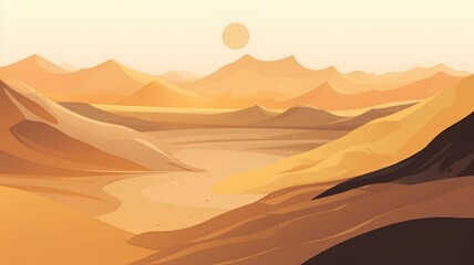 Desert landscape with mountains and sun. Vector illustration in flat style