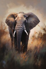 African elephant in the savannah. Digital painting. Toned.