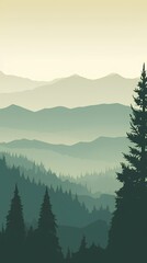 Foggy mountains landscape with coniferous forest. Vector illustration.
