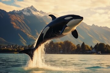 World oceans day concept, orca wales jumping, global warming, preserving life on earth