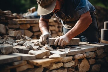 Skilled bricklayer using wood and metal tools to construct stone wall with bricks and rocks - obrazy, fototapety, plakaty