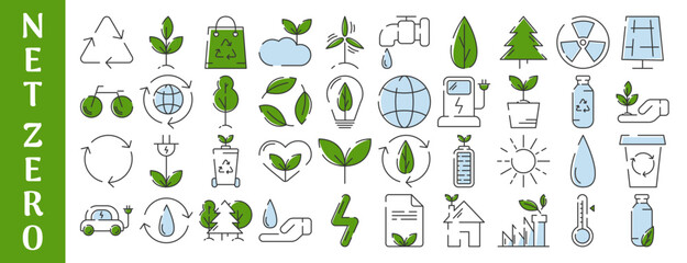 Ecology, line icons design, round form. Ecology environment improvement, sustainability, recycle, renewable energy, nature. Eco friendly vector illustration. Concept of net zero emissions by 2050.