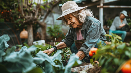 An elderly woman is actively tending to various plants in a garden, carefully watering, pruning, and caring for them - obrazy, fototapety, plakaty