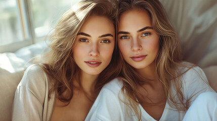 Two women with natural makeup posing in soft lighting, exuding a serene and friendly vibe.