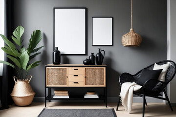 Modern scandinavian living room interior with black mock up poster frame, design commode, leaf in vase, black rattan basket, books and elegant accessories - Mockup - obrazy, fototapety, plakaty