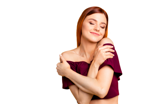 Close up photo portrait of attractive person lady with satisfied emotion facial expression hugging herself wearing maroon colorful clothing isolated on bright background copyspace