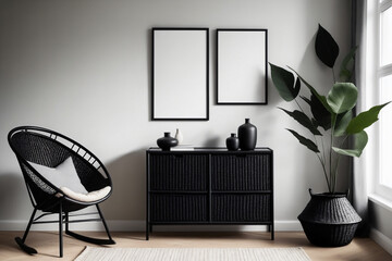 Modern scandinavian living room interior with black mock up poster frame, design commode, leaf in vase, black rattan basket, books and elegant accessories - Mockup