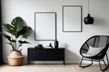 Modern scandinavian living room interior with black mock up poster frame, design commode, leaf in vase, black rattan basket, books and elegant accessories - Mockup