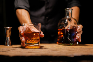 Bartender Serve Whiskey, on wood bar, 