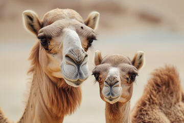Mother dromedary looking at the camera with baby dromedary 