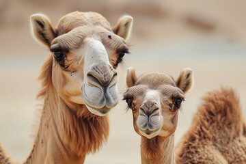 Fototapeta premium Mother dromedary looking at the camera with baby dromedary 