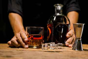 Bartender Serve Whiskey, on wood bar, 