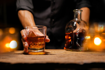 Bartender Serve Whiskey, on wood bar, 