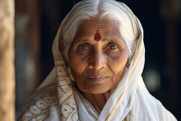 
Photo of an elderly Brahmin woman gracefully adorned in a white sari and sporting silver hair, her face radiating wisdom and serenity, embodying the dignity of Brahmin women in their later years