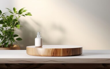Fototapeta na wymiar Organic natural eco concept. Empty wooden podium with plants on table over blurred bathroom background for product placement, shadows, soft sunlight. AI Generative.