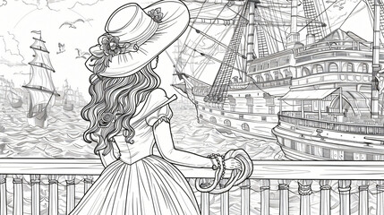 Summer lady on the ship. Adult coloring book page.