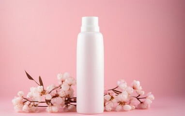 Fresh feminine beauty concept. White cosmetic bottle mock up on soft pink background with flowers. AI Generative.