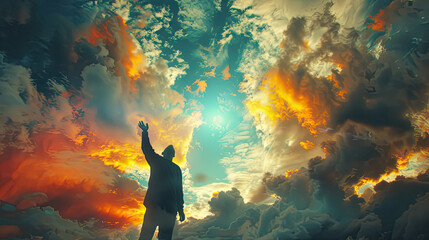 Solitary man extends his hand towards a vibrant sunset, amid a dramatic display of clouds and sky - Powered by Adobe