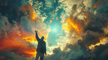 Fotobehang Solitary man extends his hand towards a vibrant sunset, amid a dramatic display of clouds and sky © sommersby