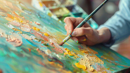 Naklejka premium A person holding a brush is painting on a canvas
