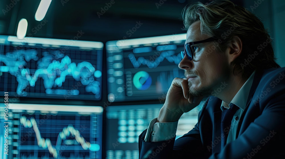 Poster business man is seated in front of a computer monitor, focused on the screen. he is typing on the ke