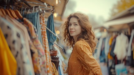 Fototapeta na wymiar Young woman standing in street market of clothes on summer day. Secondhand clothing store. Vintage clothes in a store on sale. Recycling and life extension for clothes concept. Generative ai