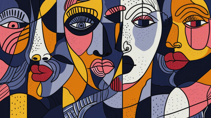 Artistic modern abstract cubism face in monochrome with bright patches of indigo, coral, chartreuse, gold rod, and lavender, retro colors. Illustration for creative design