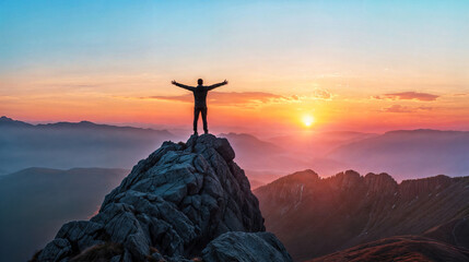 Silhouette of a man standing on the peak of a mountain looking at a beautiful sunset - Powered by Adobe