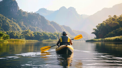 A person in a kayak paddling down the river