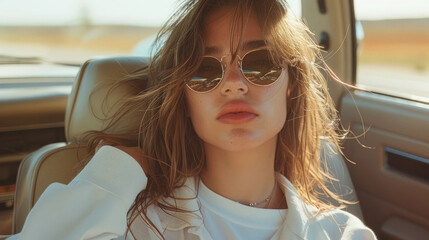 Young charming woman with sunglasses sitting inside a car parked on a street
