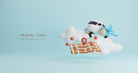 Time to travel concept  in 3d cartoon style with suitcase and travel accessory.3D rendering