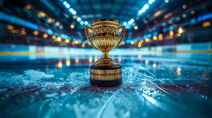 trophée en or posé sur la glace d'une patinoire pour une compétition de hockey sur glace