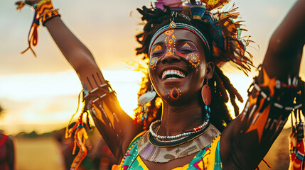 Happy woman stands wearing a vibrant headdress, raising her hands up. The headdress is filled with colorful feathers and intricate designs