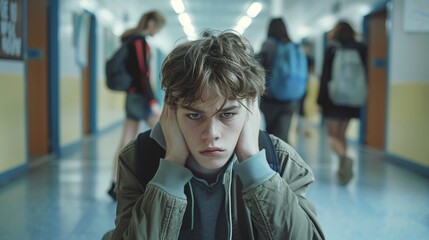 Bullying at high school concept. Depressed school boy alone at school corridor. Stress and mental problem in childhood. Generative ai